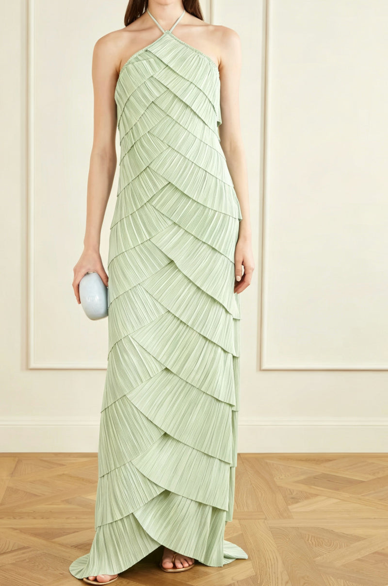 Women's Halter Ruched Maxi Evening Dress with Open Back - Green
