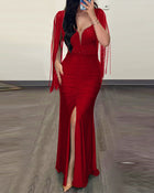 Women's Sequin Slit Dress with Fringe Sleeves