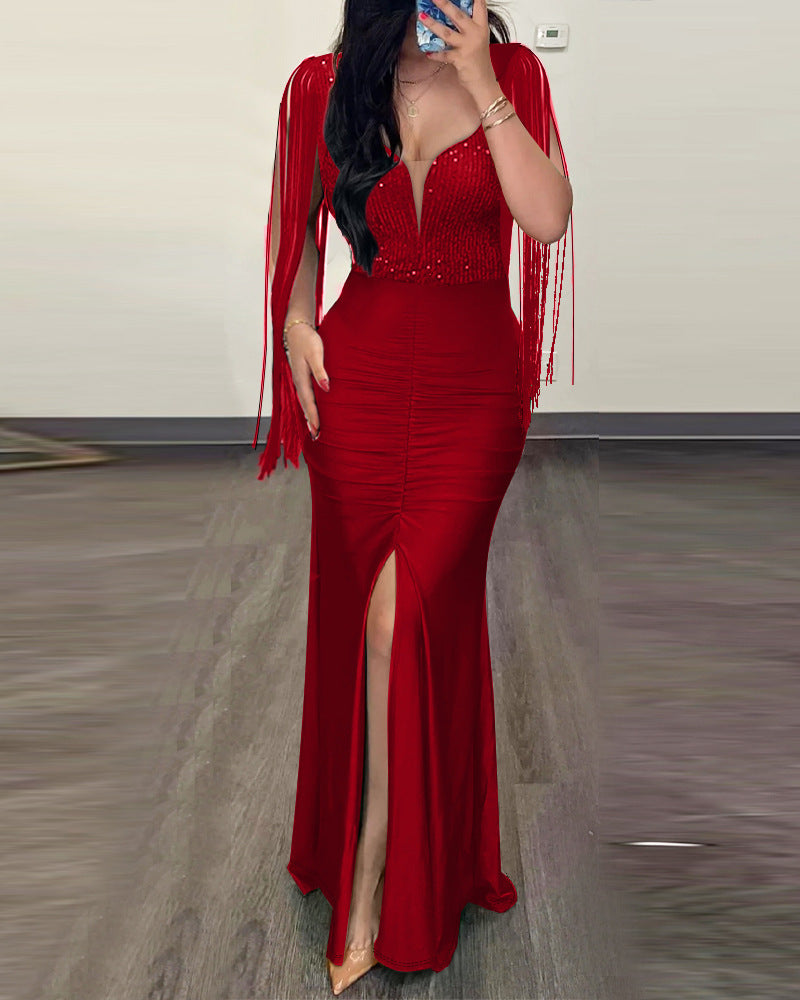 Women's Sequin Slit Dress with Fringe Sleeves