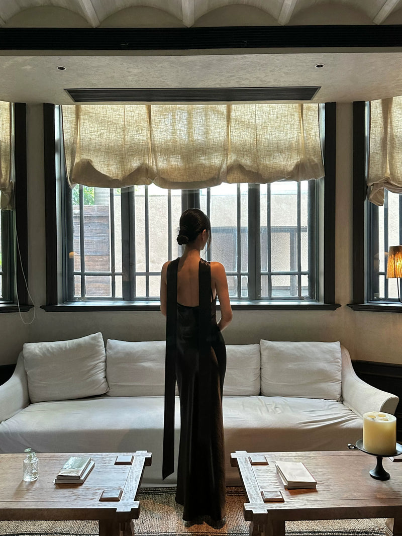 Keyhole Scarf Halter Satin Maxi Dress - detail or back view