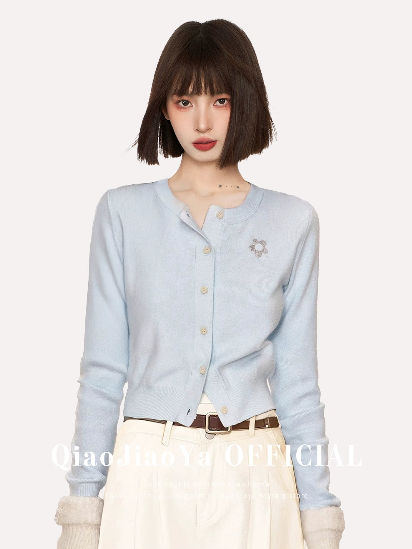 蓝色正肩长袖针织开衫女春秋薄款内搭打底毛衣外套短款学院风上衣