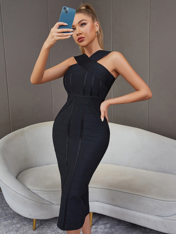 Women's Black Bandage Bodycon Midi Evening Dress