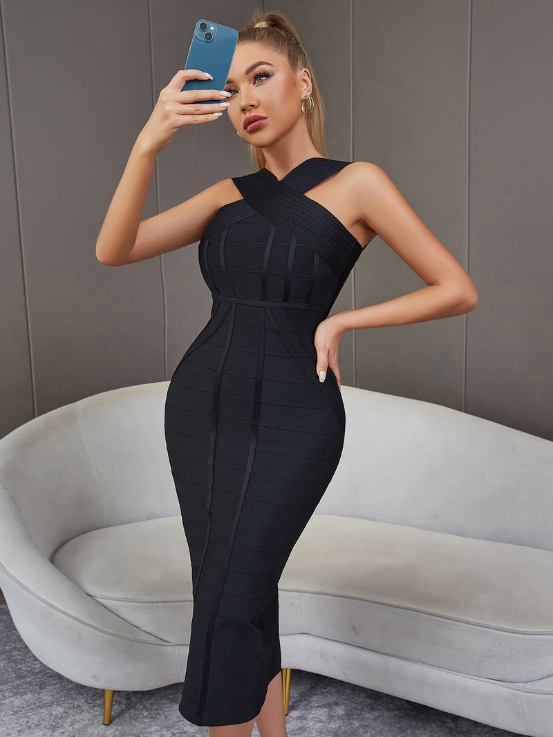 Women's Black Bandage Bodycon Midi Evening Dress