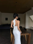 White Keyhole Halter Ruched Satin Maxi Dress - detail or back view