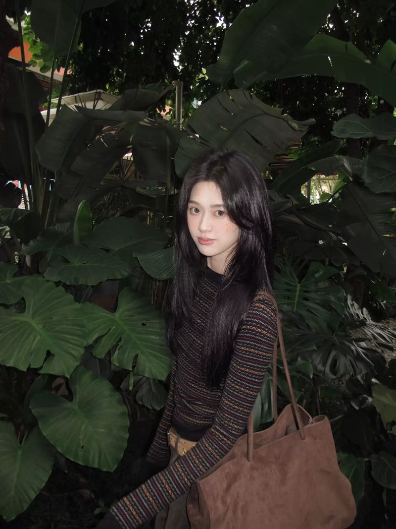 vintage复古条纹针织衫毛衣女秋冬高级感内搭设计感小众长袖上衣