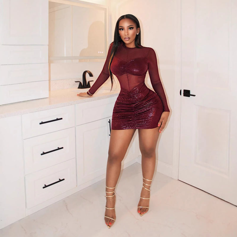 Women's Long-Sleeve Mesh Bodycon Evening Dress