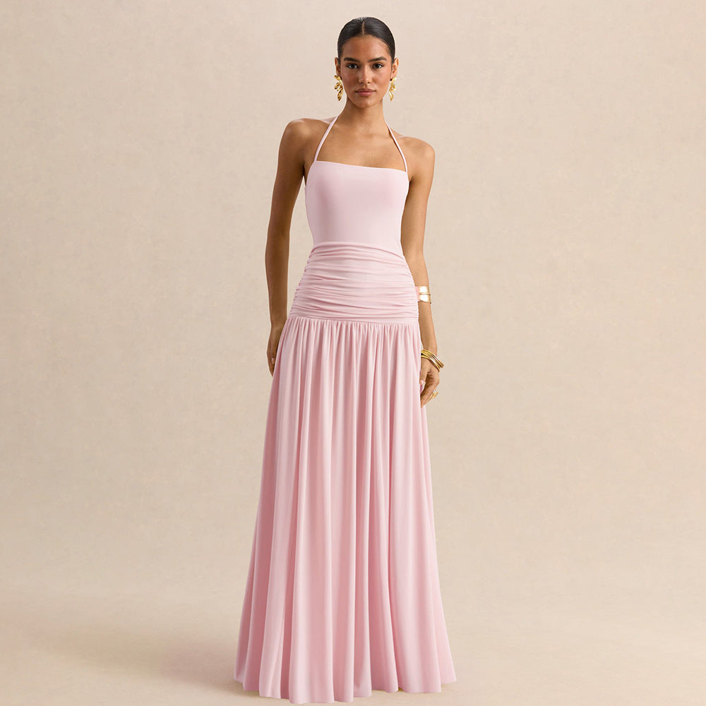Women's Halter Ruched Evening Dress with Open Back
