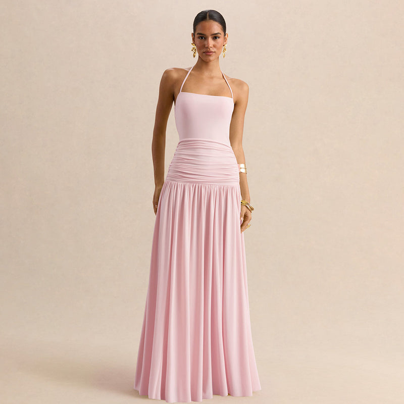 Women's Halter Ruched Evening Dress with Open Back