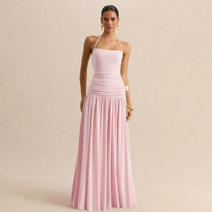 Women's Halter Ruched Evening Dress with Open Back