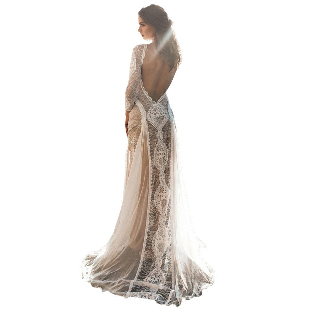 Women's Lace Long-Sleeve Open-Back Wedding Gown