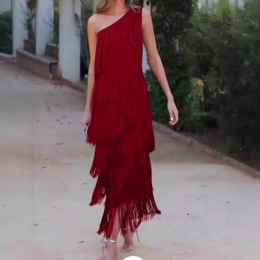 Women's One-Shoulder Fringe Evening Dress