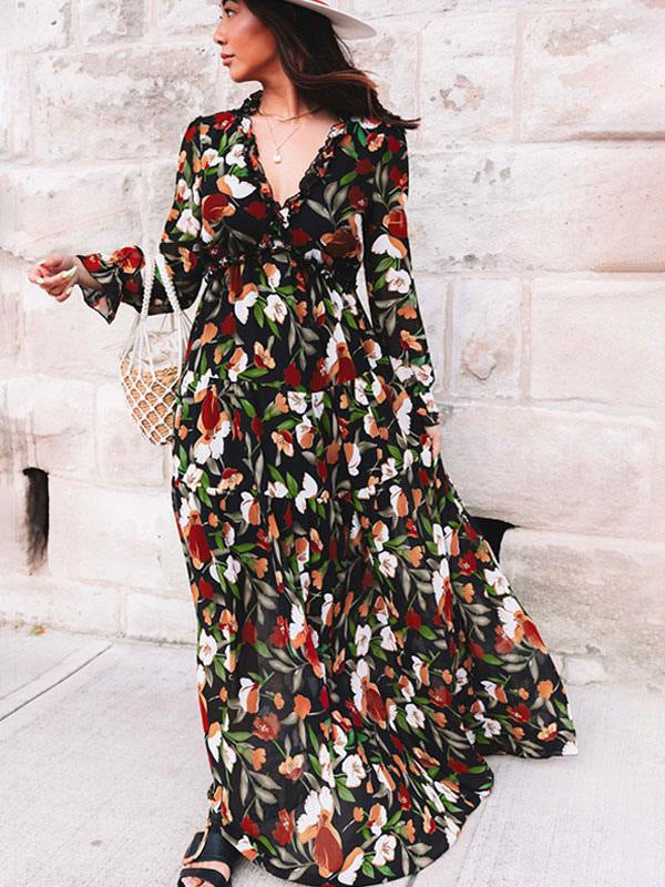 Women's Long-Sleeve Floral Maxi Evening Dress - Multicolor