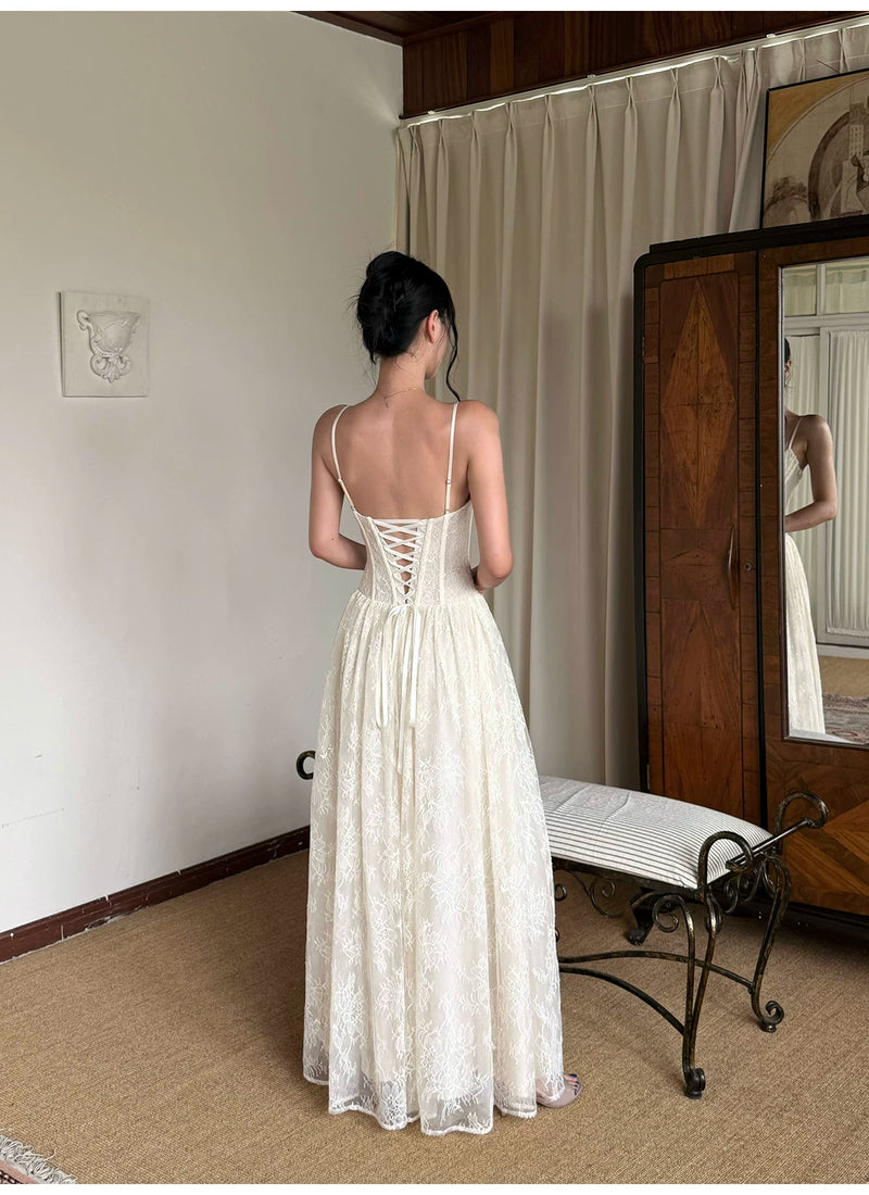 Floral Lace Corset A Line Maxi Dress - detail or back view