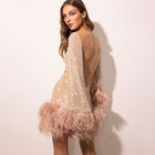 Women's Long-Sleeve Sequin Feather-Trim Mini Cocktail Dress with Open Back
