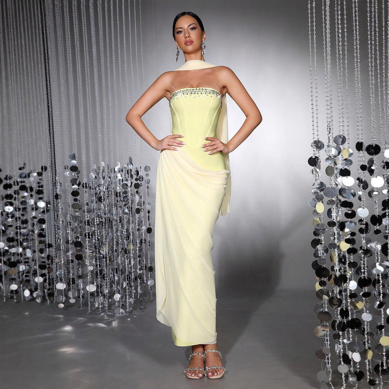 Crystal-Embellished Strapless Evening Gown