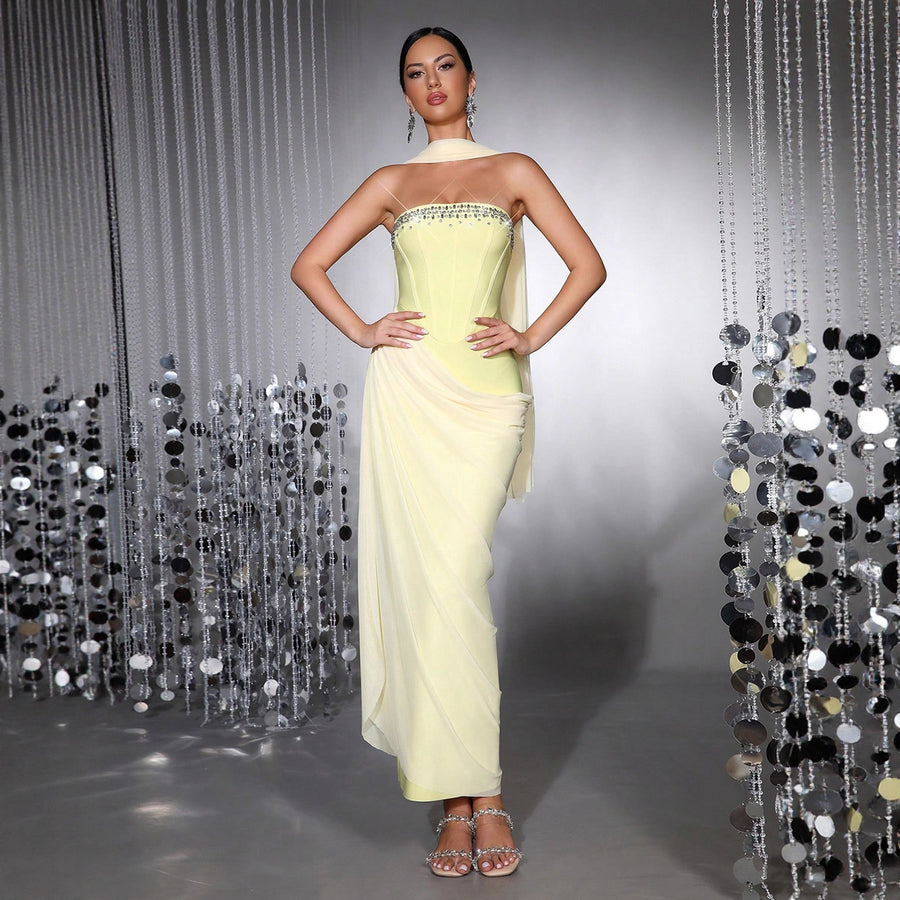 Crystal-Embellished Strapless Evening Gown