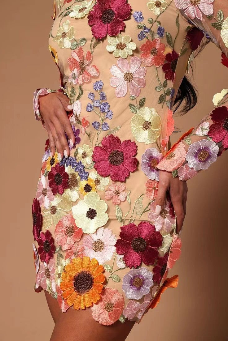 Floral Appliqué Bodycon Party Dress - Pink