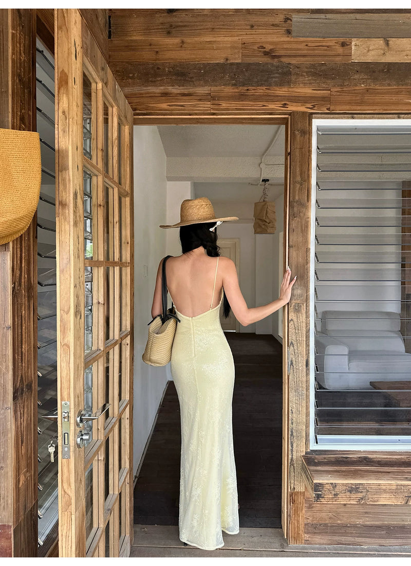Butter Yellow Keyhole Lace Slip Maxi Dress - detail or back view
