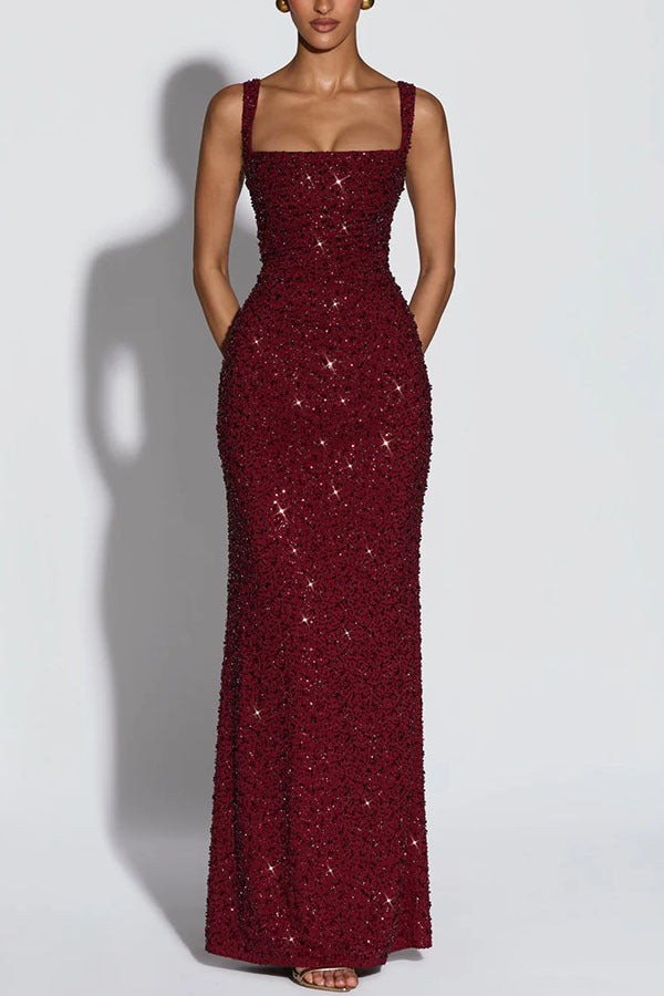 Women's Sequin Lace-Up Spaghetti-Strap Maxi Dress