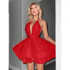Women's Deep V-Neck Evening Dress - Red