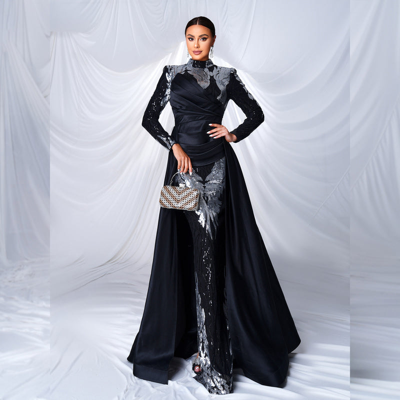 Women's Round-Neck Long-Sleeve Sequin Mermaid Maxi Evening Dress