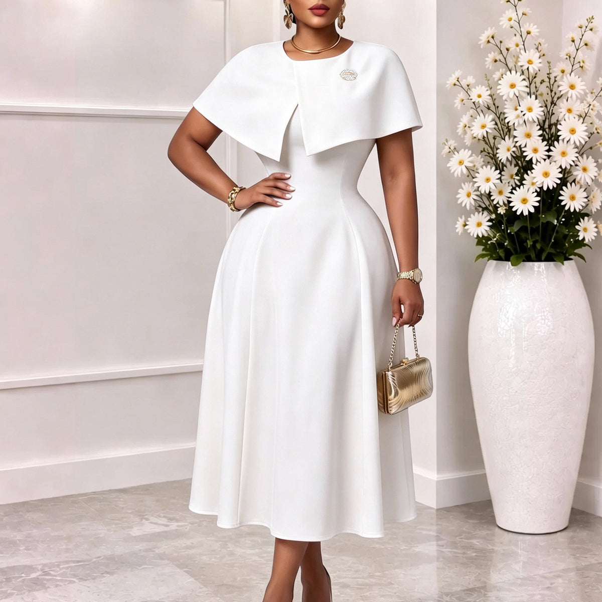 Women's Round-Neck A-Line Midi Evening Dress