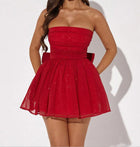 Women's Strapless Mesh Evening Dress with Open Back - Red