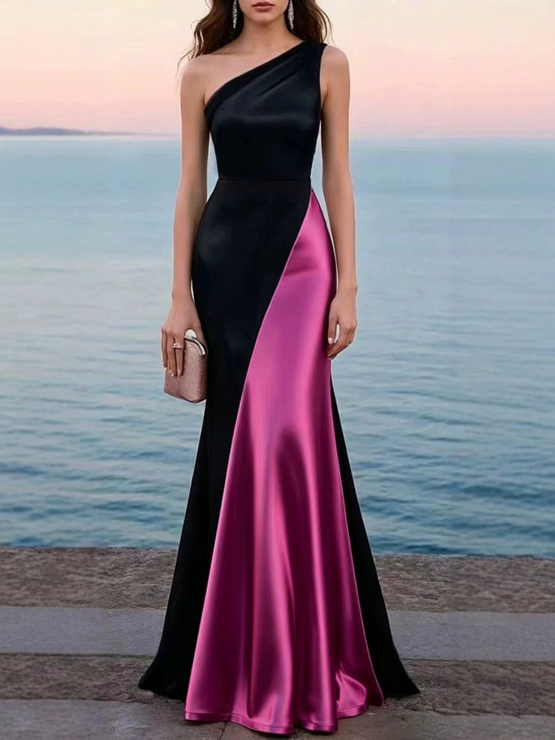 Women's One-Shoulder Satin Mermaid Maxi Evening Dress - Rose Red