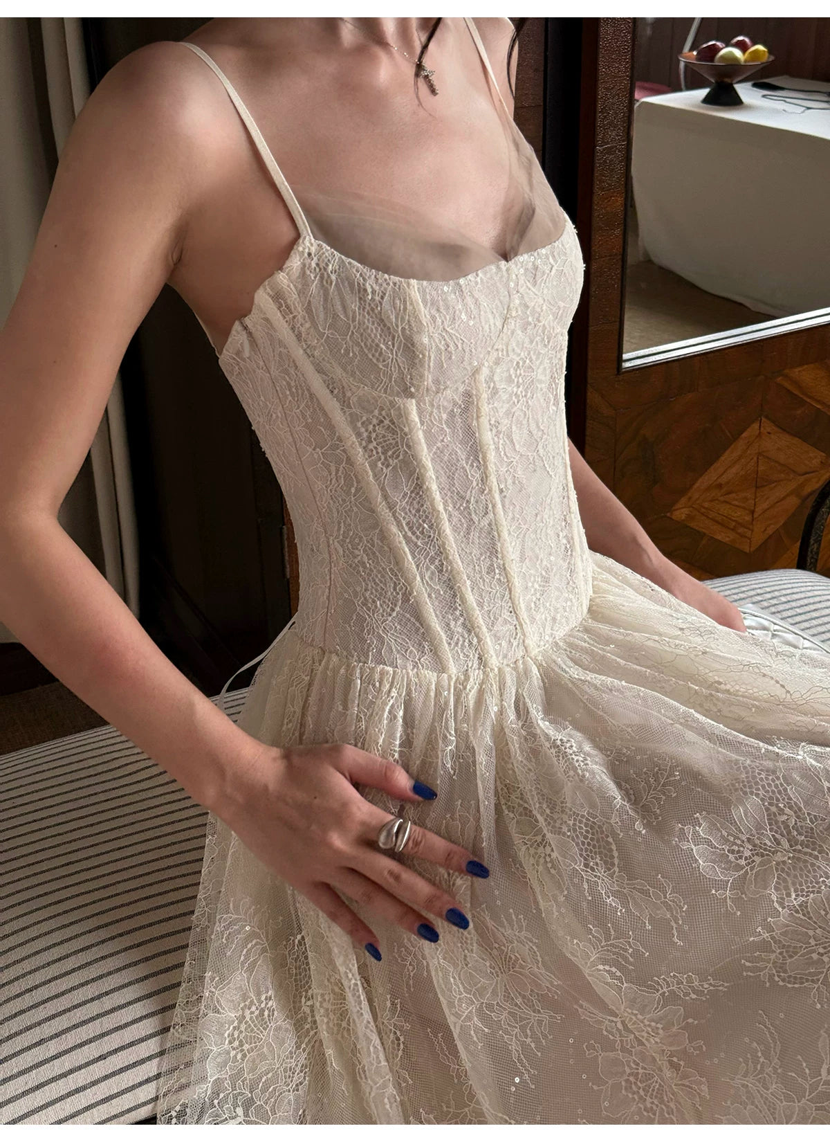 Floral Lace Corset A Line Maxi Dress - detail or back view