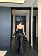 Black Lace Trim Strapless Mermaid Maxi Dress - detail or back view