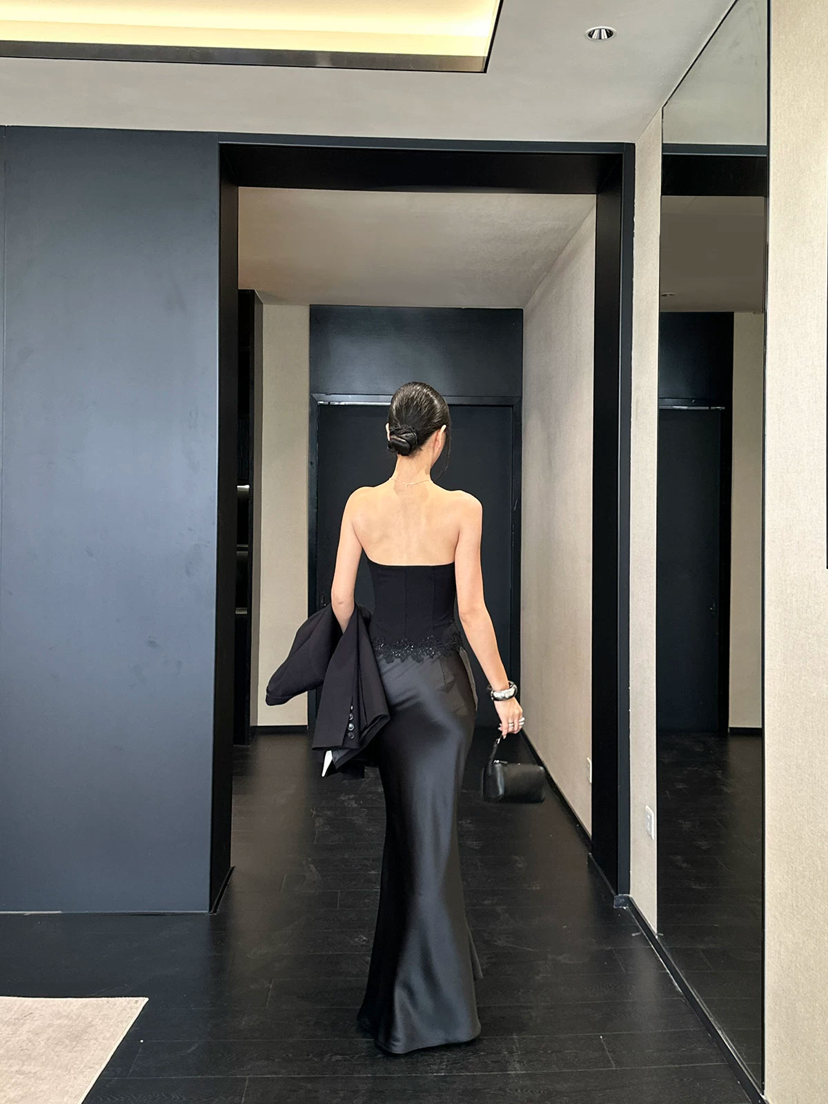 Black Lace Trim Strapless Mermaid Maxi Dress - detail or back view