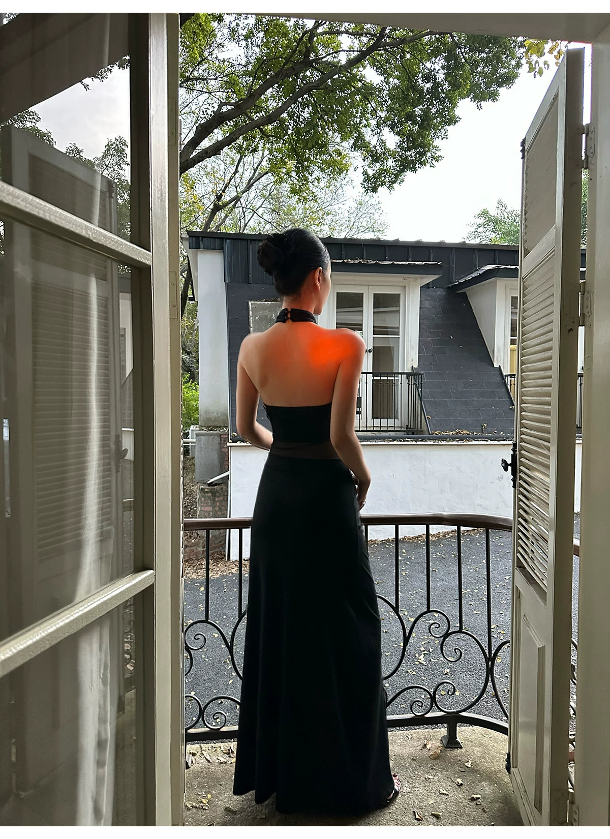 Black Sheer Mesh Twist Waist Halter Maxi Dress - detail or back view