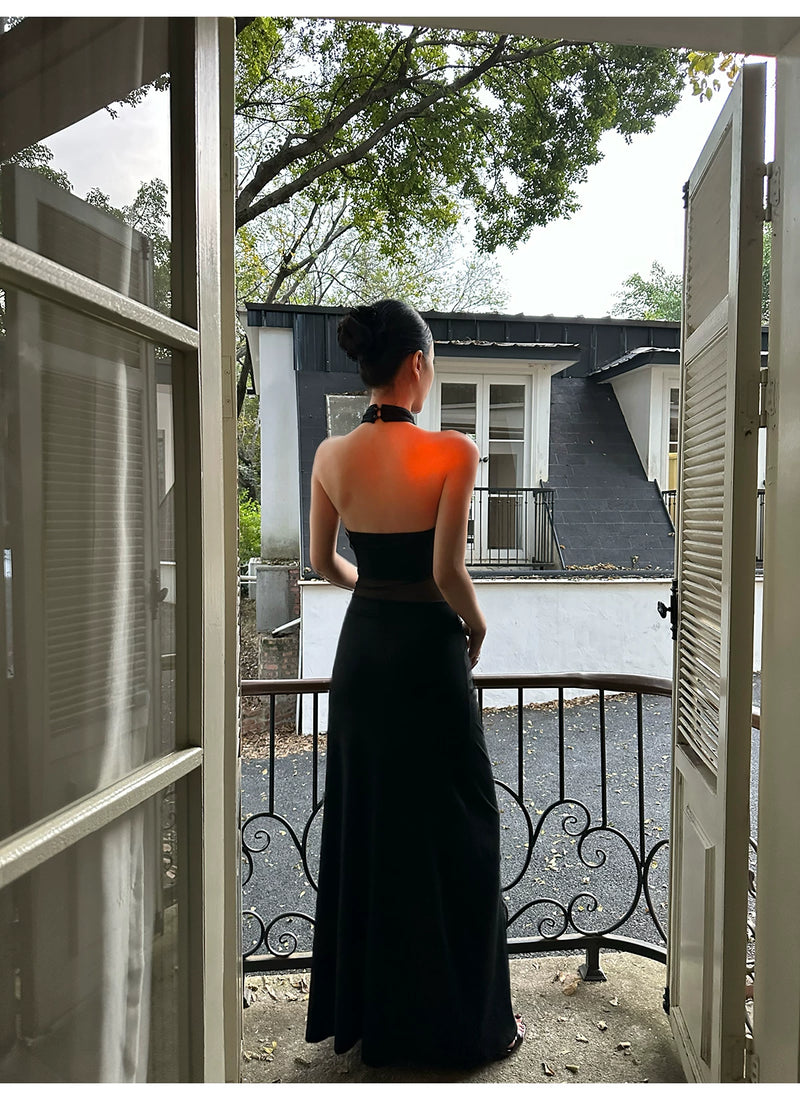 Black Sheer Mesh Twist Waist Halter Maxi Dress - detail or back view