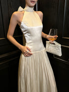 Scarf-Neck Pleated Satin Maxi Dress - detail or back view