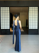 Keyhole Scarf Halter Satin Maxi Dress - detail or back view