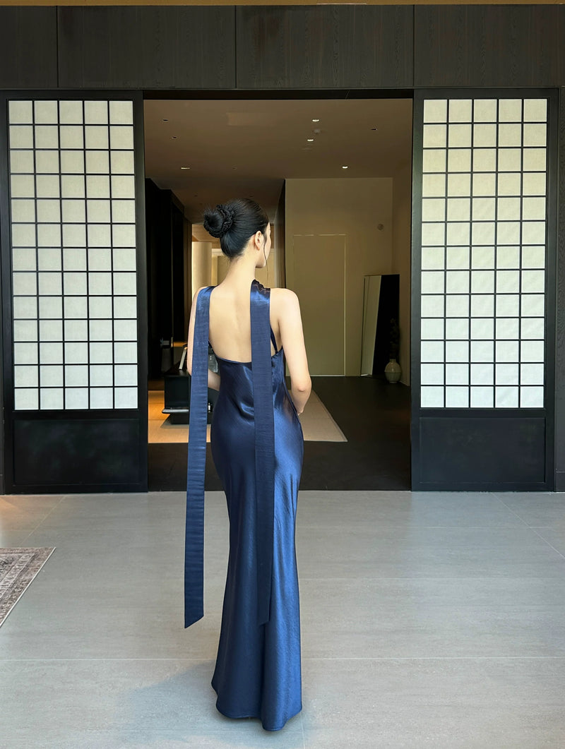 Keyhole Scarf Halter Satin Maxi Dress - detail or back view