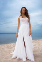 Women's White Chiffon Lace-Up Maxi Evening Dress with Slit - White