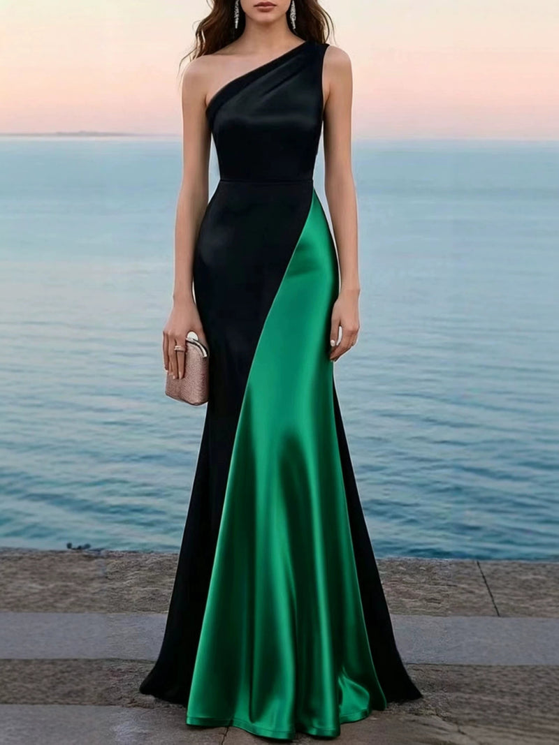 Women's One-Shoulder Satin Mermaid Maxi Evening Dress - Green