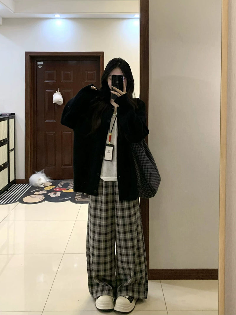 韩系高级感黑色针织开衫女秋冬慵懒宽松休闲外搭毛衣外套圆领上衣