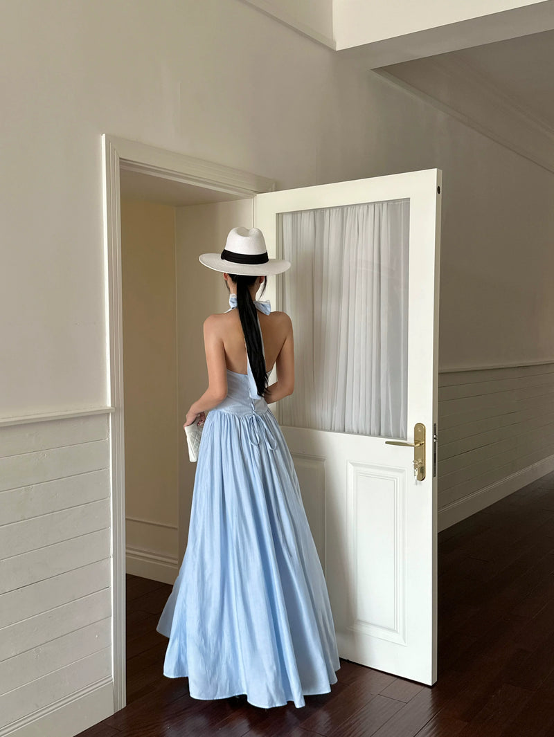 Light Blue Lace Trim Halter Drop Waist Maxi Dress - detail or back view