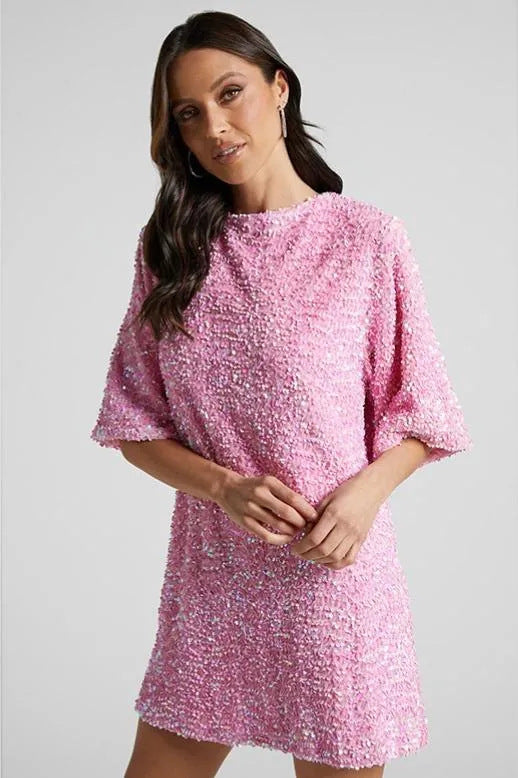 One-Shoulder Sequin Midi Evening Dress - Pink
