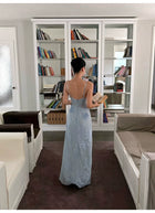 Blue Floral Jacquard Embellished Neckline Maxi Dress - detail or back view