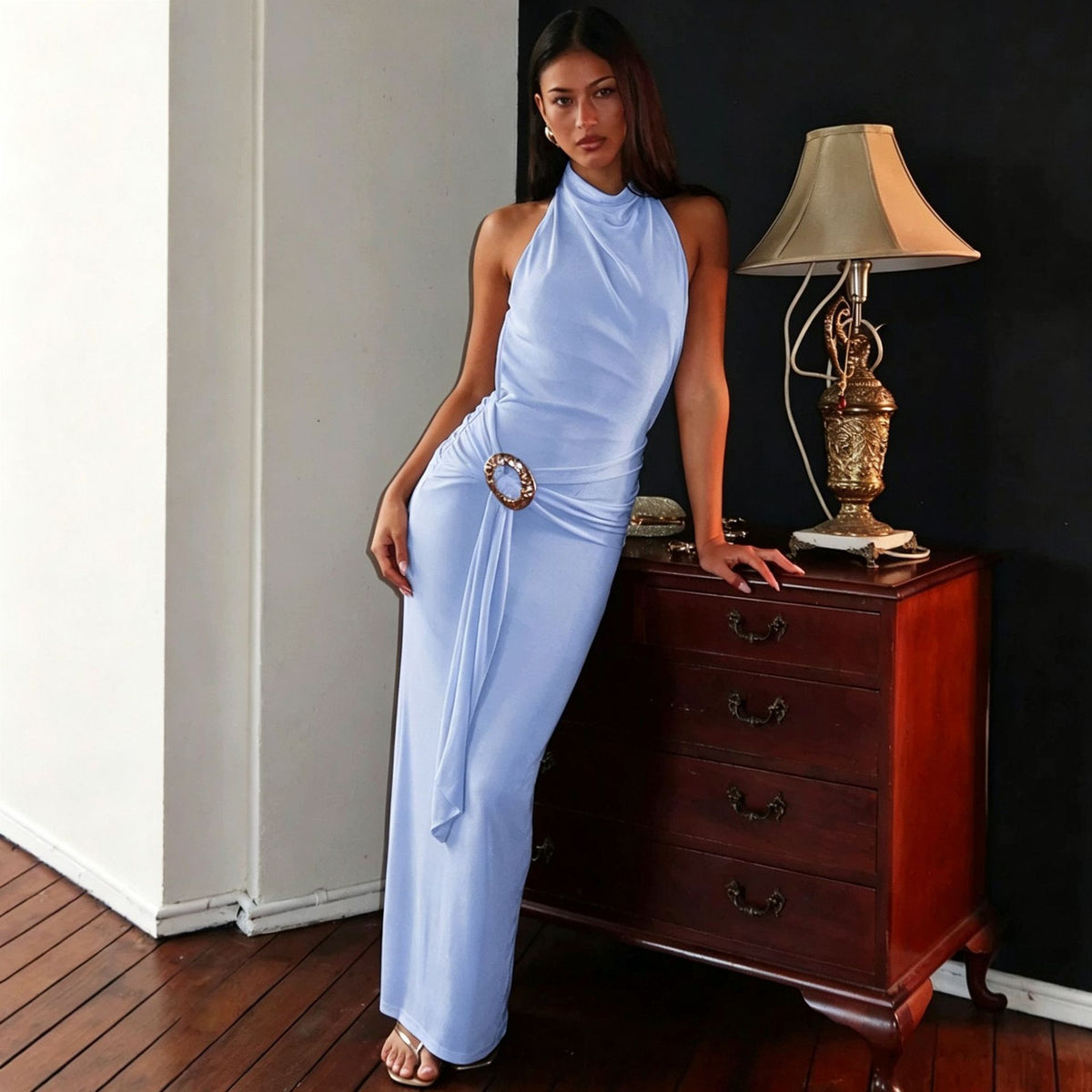 Halter-Neck Backless Maxi Evening Dress - Lilac