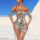 Women's Off-Shoulder Sequin Maxi Evening Dress - Silver