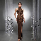 Floral Appliqué Backless Evening Gown