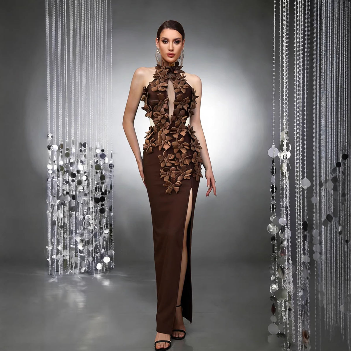 Floral Appliqué Backless Evening Gown