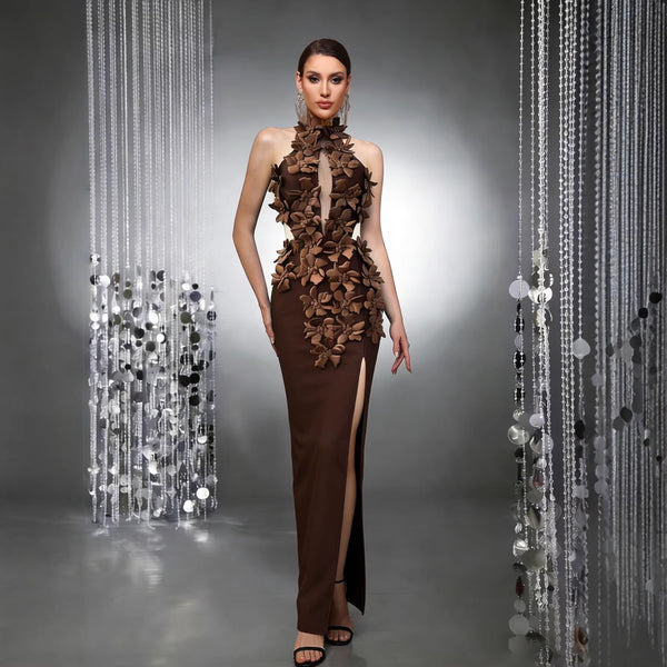 Floral Appliqué Backless Evening Gown
