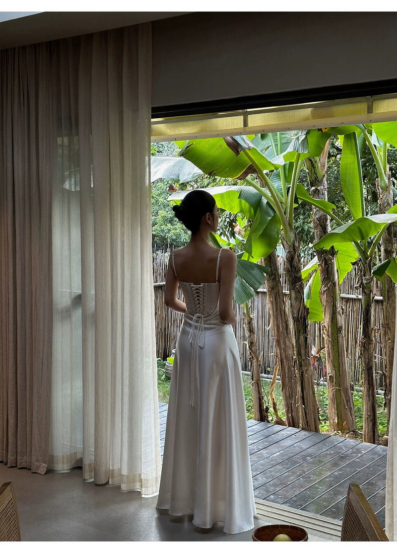 Satin Corset Drop Waist A Line Maxi Dress - detail or back view
