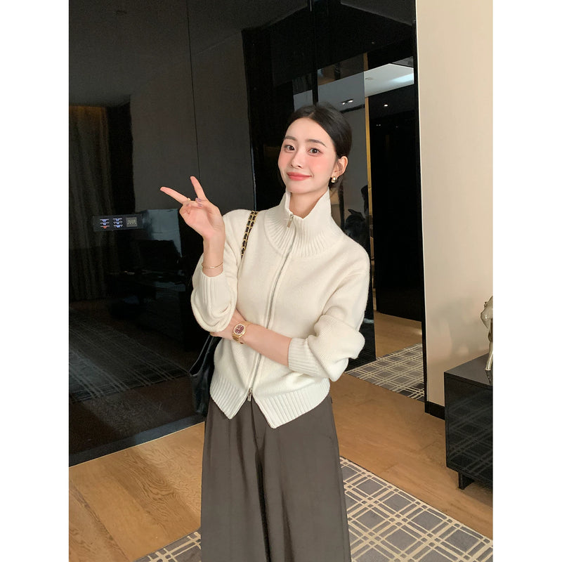 Maven Lin 智性模式 1OO羊毛立领毛衣开衫女双拉链针织外套上衣