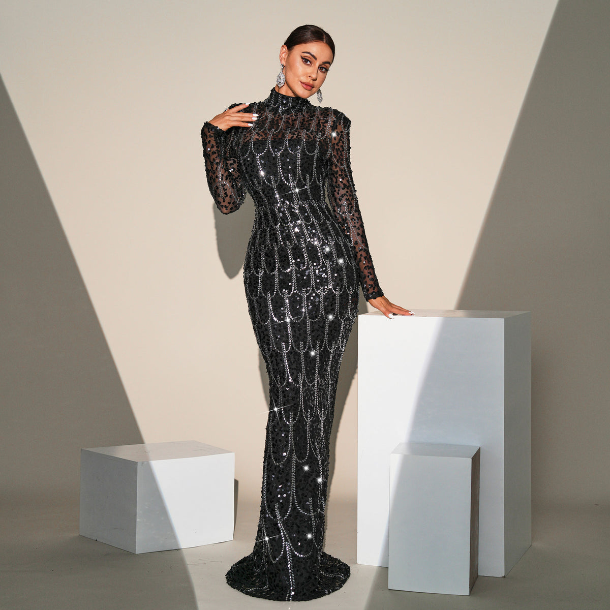 Women's Black Long-Sleeve Sequin Maxi Evening Gown - Black